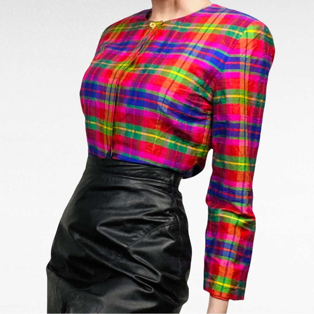 VINTAGE | 1980’s Maggy London Rainbow Plaid Retro 100% Silk Suit Blazer Jacket